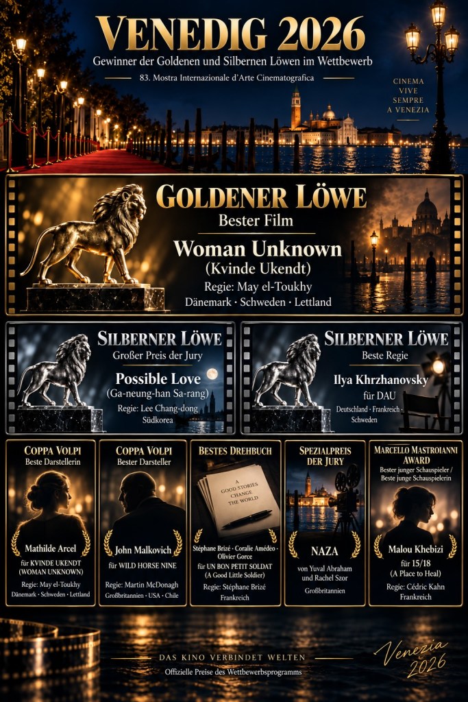 Plakat für das Filmfestival Venedig 2026 mit Auflistung der Gewinner der Goldenen und Silbernen Löwen, einschließlich 'Woman Unknown' als bester Film und weitere Auszeichnungen.